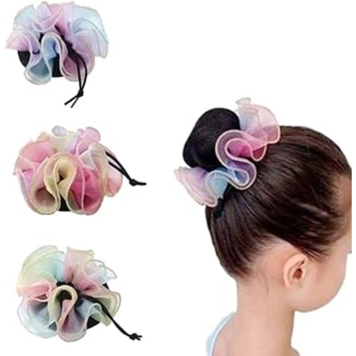 3pcs Colored Hair Net Bun Covers with Flowers Deco Dance Snood Hair Net Accessories for Dancers Skating (Large Size)