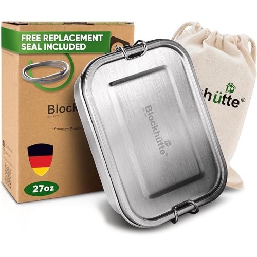 Blockhütte Stainless Steel Lunch Box I 27oz I with free sealing I Bento Box 3 Compartments, Leak-Proof Food Containers, Metal Lunchbox for Travel & Work, Eco-Friendly Meal Storage Solution