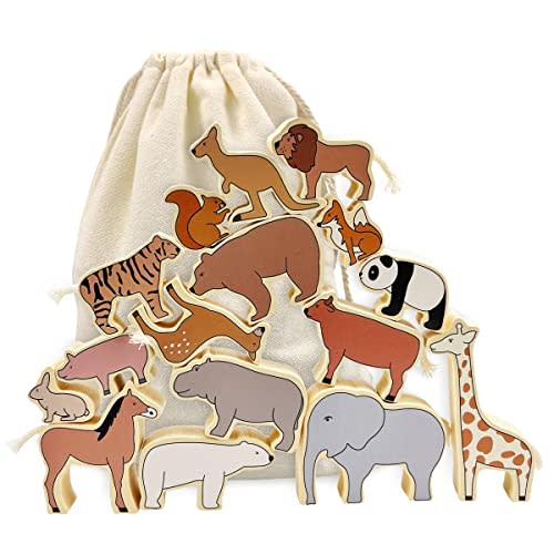 Xylolin Wooden Zoo Animal Blocks Stacking and Balancing Toy, Toddler Wood Animal Figures Blocks Imaginative Play, Preschool Educational Toys and Stack Balance Games for Kids
