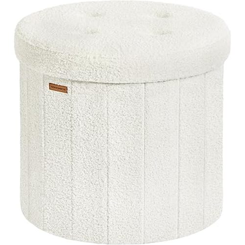 SONGMICS Mazie Collection - Round Storage Ottoman, Folding Footrest Stool with Removable Lid, Easy Assembly, Teddy Fleece Vanity Stool for Bedroom, Living Room, Entryway, Cream White ULSF606W01