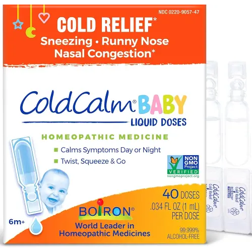 Boiron ColdCalm Baby 40 Count - Single-Use Drops for Relief from Cold Symptoms of Sneezing, Runny Nose, and Nasal Congestion - Sterile, Non-Drowsy Calm (8 Packets with 5 Liquid Doses)