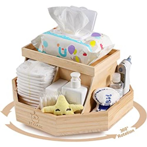 Wooden Diaper Caddy Organizer - 360 Degrees Rotating Caddy with Removable Dividers, Nursery Diaper Organizer