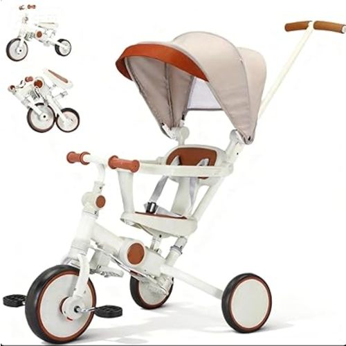Toddler Push Foldable Tricycle with Canopy, 8 in 1 Balance Trike Baby Bike with Handle Toddler Tricycle for 1-3,Kids Folding Tricycles Chrismas and Birthday Gift for Boy and Girl Trike