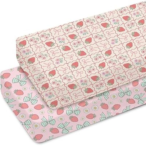 Boho Strawberry Flowers Baby Crib Sheets for Boy Girl 52x28Inch Retro Pink Strawberries Bows Soft Snug Fitted Crib Mattress Cover Summer Fruits Baby Sheet for Standard Crib & Toddler Mattress 2 Pack