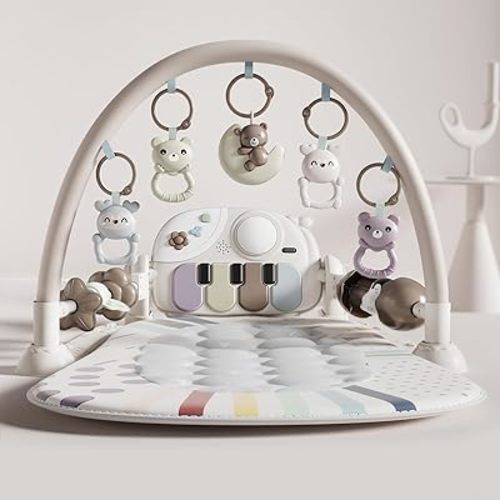 Baby Gym with Kick and Play Piano, Baby Play Mat Tummy Time Activity Gym Mat with 5 Infant Sensory, Music & Lights Boy or Girl for Newborn 0 to 3 6 9 12 Months