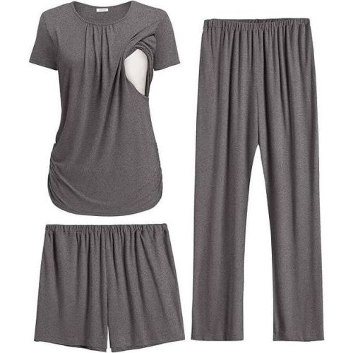 Ekouaer Maternity Nursing Pajamas Set 3 Piece Postpartum Lounge Breastfeeding Pjs Pregnancy Shorts & Pants Dark Gray M