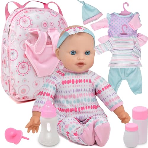 Gift Boutique - Soft Body Baby Doll with Clothes in Take Along Backpack Carrier, 12 Inch Infant Baby Doll with Accessories for Toddlers and Kids 2 3 4 5 Year Old