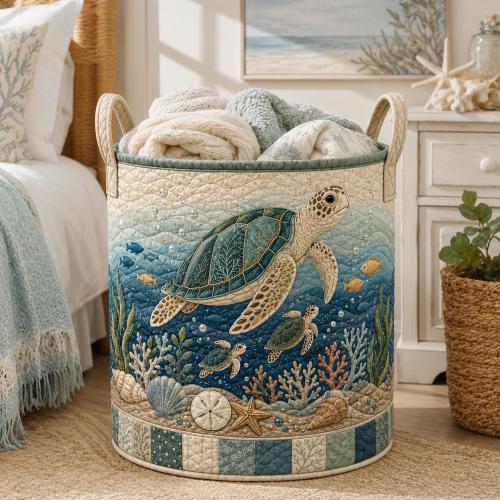 Quilted Sea Turtle Laundry Basket, Coastal Beach Storage Bin, Nautical Nursery Hamper