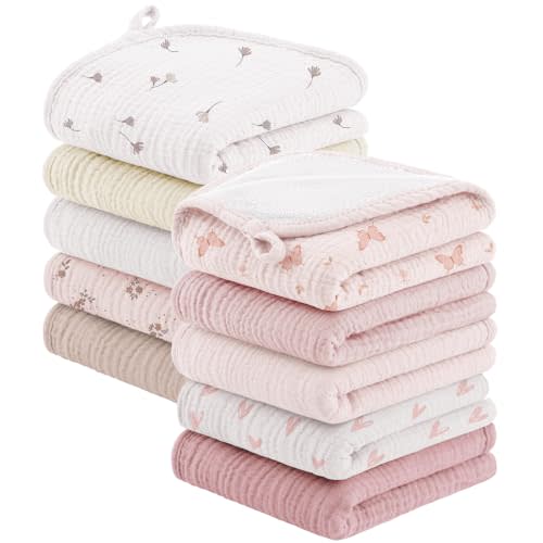 Bearmoss 10 Pack Muslin Burp Cloths, 20"×10" Absorbent Baby Burping Cloths | Soft Spit Up Rags for Unisex Boys and Girls, Newborn Essentials Large Extra Washcloths