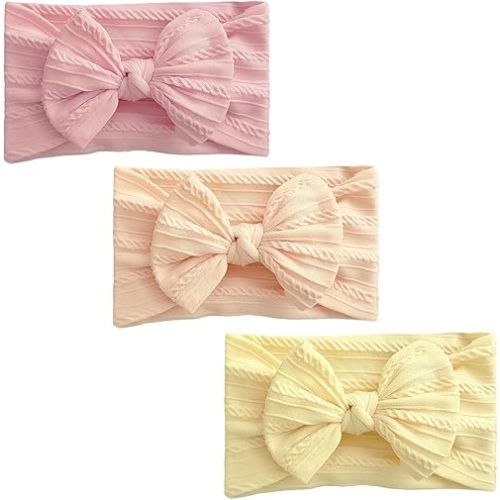 3 Pack Baby Headbands, Soft and Stretchy Baby Bows for Girls Newborn, Nylon Hair Bands with Bows Infant Toddlers Hair Accessories for Essentials Newborn Gifts