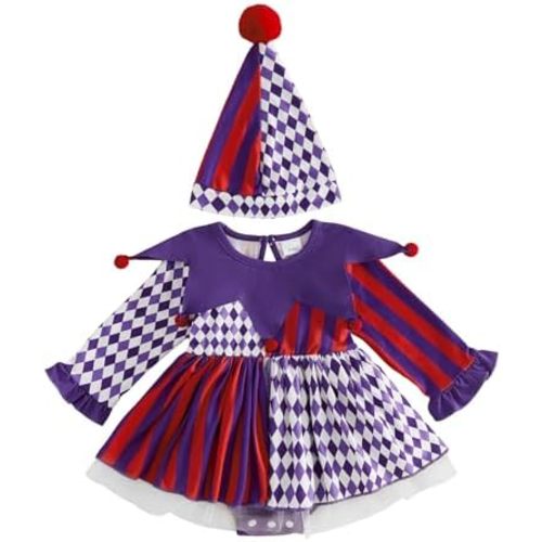 Lamuusaa Infant Baby Girl Halloween Clown Costume Long Sleeve Romper Dress with Hat Toddler Trick or Treat Outfit 0-18M