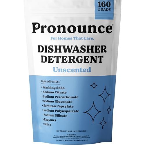 Pronounce Dishwasher Detergent - Cleaner Ingredients, Fragrance Free - Ultra Concentrated Dish Soap, Cuts Grease and Grime, Dishwasher Pods Alternative (Residue-Free). (160 Loads, Unscented)