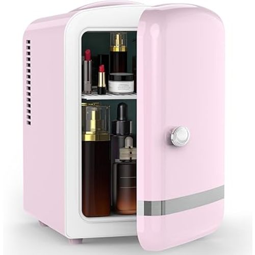 Mini Fridge for Bedroom, 4L/6 Cans Small Cosmetic Fridge for Skincare, Makeup, Medicine & Beverage, Portable Desk Fridge Cooler and Warmer for Kids, Car, Office, Dorm, Pink