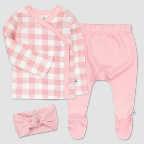 Honest Baby Girls' 3pc Organic Cotton Painted Buffalo Kimono Top and Footed Pants with Headband - Pink/White