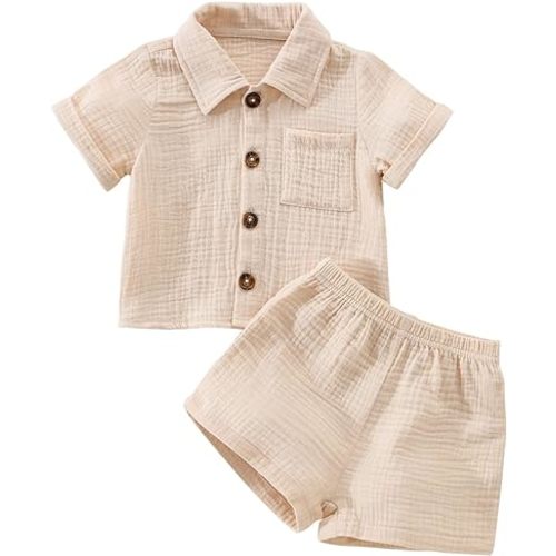 Baby Boys Clothes Set Toddler Infant Boys Button-down Shirt Tops + Cotton Gauze Shorts Summer Outfit 2PCS with Pockets
