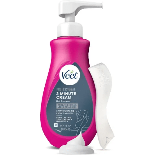 VEET Professional 2 Minute Hair Removal Cream For All Skin Types with Shea Butter | Effective Full Bikini Hair Removal, Pubic Hair Removal Gel | Dermatologically Tested | 13.5 FL OZ Bottle w/Spatula