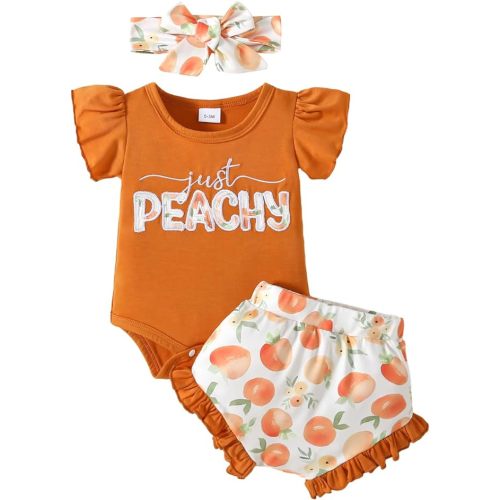 Newborn Infant Baby Girl Summer Clothes Ruffle Sleeve Just Peachy Romper+Peach Bloomer Short+Headband 3Pcs Outfit