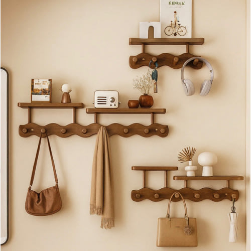 Ripple Bamboo Entryway Wall Rack – Coat, Bag & Key Hooks with Shelf