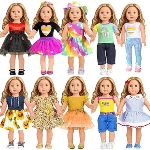 American 18 inch Doll Clothes Accessories, 18PCS Doll Clothes Outfit Dress for 18 inch, Xmas Gift for Girls(10 Set)