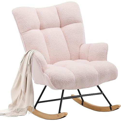 Zedachica Pink Teddy Nursery Rocking Chair - Soft Fleece Fabric, Ergonomic & Adjustable, Indoor Use Only