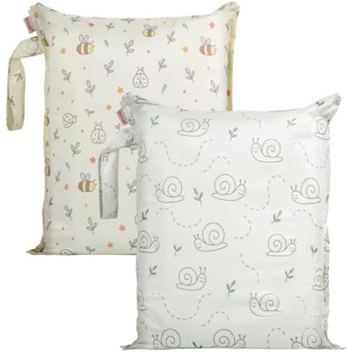 HECCEI Wet Dry Bag, 2-Pack Reusable Waterproof Wet Bags for Swimsuits & Baby Clothes, Leakproof Cloth Diaper Wet Bags for Travel & Diaper Changes (Garden Friend)