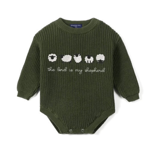 The Lord is My Shepherd Embroidery Romper, Sheep Embroidered Knit Onesie