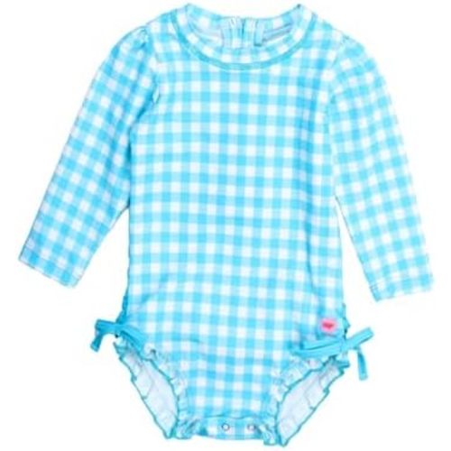 RuffleButts Baby Girls UPF 50+ Sun Protection Gingham Printed Long Sleeve One Piece Rash Guard Swimsuit with Zipper