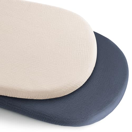 Konssy 2 Pack Muslin Bassinet Sheets for Baby Boy, 100% Cotton Soft Breathable Bassinet Mattress Sheets Fit for Hourglass Oval Cradle Rectangle Mattress (Navy,Cream)