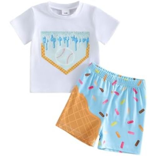 Honganda Toddler Baby Boy Summer Outfits Short Sleeve Ice Cream Baseball T-Shirt with Shorts 2Pcs Casual Clothes Set