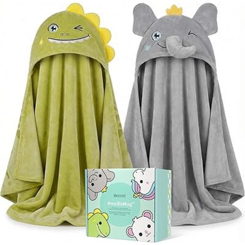 HECCEI 2-Pack Toddler Hooded Bath Towels – Dinosaur & Elephant Set – Large Plush Baby Bath Wraps – Fun Animal Beach Ponchos for Boys & Kids – Essential Travel Gear (0-5 Years)
