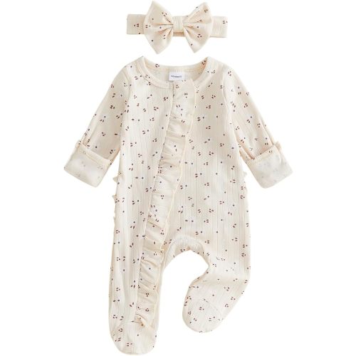Tsultryofs Newborn Baby Girls Fall Outfit Romper | Ruffle Long Sleeve Onesie Cute Full Length Jumpsuit with Headband Infant Baby Girls Fall Winter Clothes