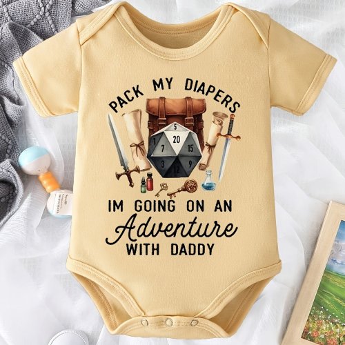 ACTFLASH Baby Bodysuit "Pack My Diapers I'm Going on an Adventure with Daddy" Short Sleeve Romper - Cute D20 Dice & Swords Design, Mustard-Yellow Snap Closure Newborn Outfit, Perfect Father-Daughter Gift for Gamers, Baby, Gaming Themed B