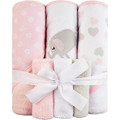 Viviland Baby Towels and Baby Wash Cloths Set Hooded Baby Towels Baby Wipes Absorbent Bath Face Towels Burp Cloths or Face Towels for Girl Boy 6-Pack Size 28 x 28 Inch(Elephant)