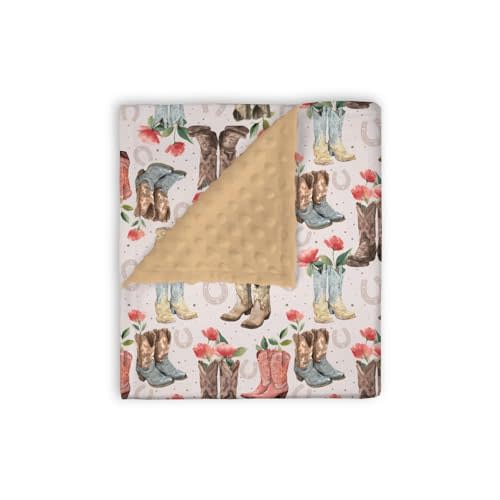 Mink Baby Girl Blankets Boho Western Cowgirl Boots Brown, Wild West Retro Floral Double Layer Dotted Backing Receiving Swaddle, Newborn Infant Toddler Nursery Crib Bedding Shower Gift 30 x 40