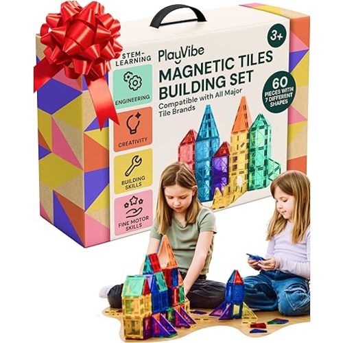 PLAYVIBE Magnetic Tiles - 60 Piece Set, Multicolor - STEM Play & Stem Toys - Strong Magnets, Magnetic Shapes, Tile Building Blocks - Educational Sensory Toys Gift for Kids Birthday Present Indoor Fun