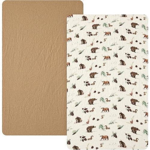 david's kids Muslin Mini Crib Sheets, 2 Pack Cotton Pack N Play Sheets for Boys, Soft Breathable Baby Sheets Fit Pack N Play, Playard and Mini Crib Mattresses, Woodland Animal