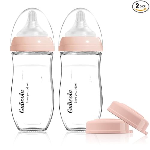 Gulicola Natural Glass Baby Bottle for Breastfed Babies, Anti-Colic Baby Bottle Set with Medium Flow Nipple, 3 Months +, 8 oz, 2 Pack - Pink
