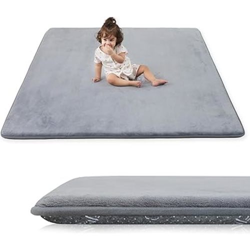 1.3" Thick Baby Floor Play Mat 59x79, Basic Padded Foam Mat for Tummy Time Crawling, Non Slip Cushioned for Babies Toddlers Infants Kids (Light Grey)