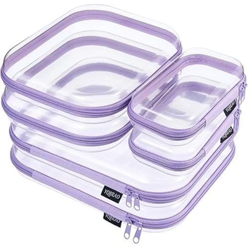 6 Pack Clear Hard Shell Zipper Case, See-Through Hard Plastic Organizer Pouches with Zipper for Travel, Toiletries, Makeup, Electronics & Pencils - Crush-Resistant Storage (Purple)