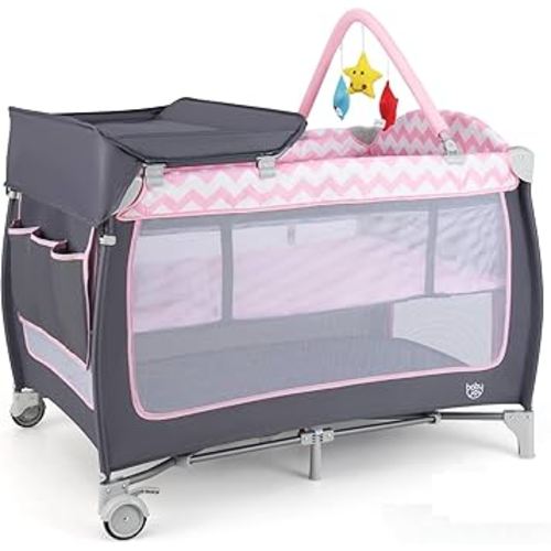 BABY JOY 4 in 1 Pack and Play, Portable Baby Playard with Bassinet, Side Zipper Door, Changing Table, Indoor Outdoor Travel Nursery Center w/Hanging Bar, Lockable Wheels, Carry Bag