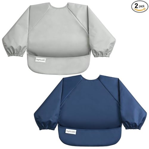 Tiny Twinkle Long Sleeve Bib for Babies & Toddlers | 2-Pack Waterproof Smock Bib for Eating | Machine Washable & Mess-Proof Feeding Essentials | Newborn Shower Gift (Grey Indigo,6–24M)