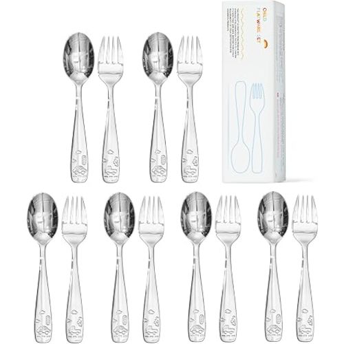 KINGSTONE 12 Pieces Toddler Silverware Set, 18/10 Stainless Steel, Cute Car
