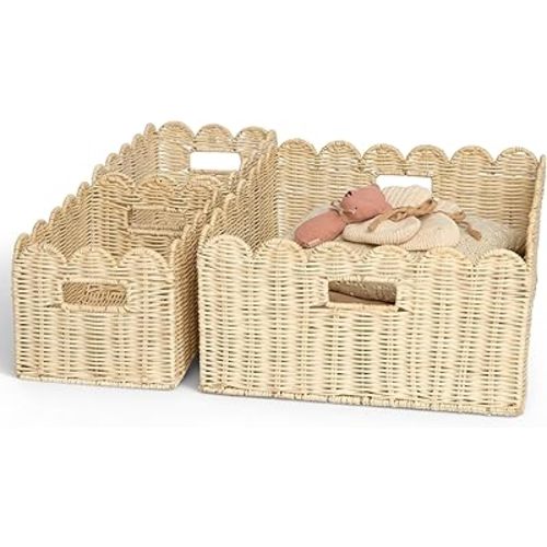 BEBE BASK Handwoven Scalloped Wicker Basket – Rattan Scalloped Basket Set of 3 (17 × 13 × 7 in), Wicker Baskets for Organizing, Wicker Storage Baskets for Shelves, Nursery and Home