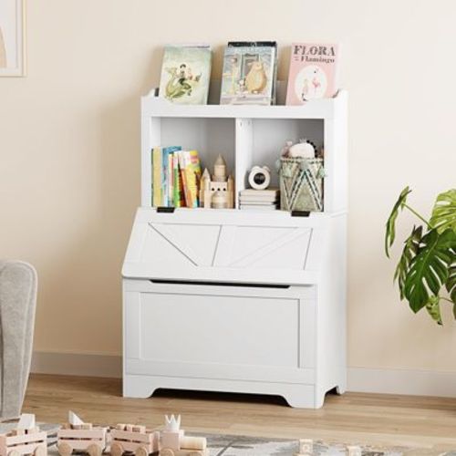 Kids Toy Storage Organizer with Flip-Top Lid & 2-Tier Bookshelf, Wooden Toy Chest and Bookcase for Playroom, Bedroom, Nursery, Grey