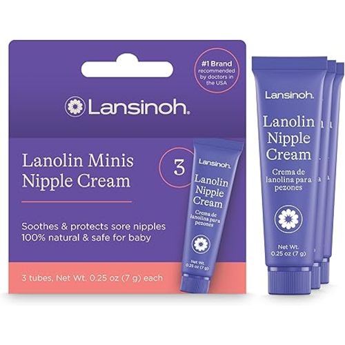 Lansinoh Lanolin Nipple Cream Safe for Breastfeeding Baby, Breastfeeding Essentials, 3 Mini Tubes, Each 0.25 Ounces