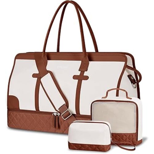 ETRONIK Weekender Overnight Bag for Women, Large Travel Duffle Bag with Shoe Compartment & Wet Pocket, Carry On Tote Bag Gym Duffel Bag with Toiletry Bag for Hospital 4 Pcs Set, XL Size, Beige-Brown
