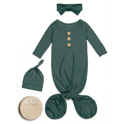 Baby Noah Newborn Knotted Gown, Ultra-Soft Silky Long Sleeve Sleeper, Unisex Coming Home Outfit Set With Wooden Name Sign