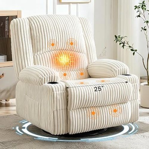 Oversized Corduroy Recliner Chair with Massage & Heat, 360° Swivel Rocker