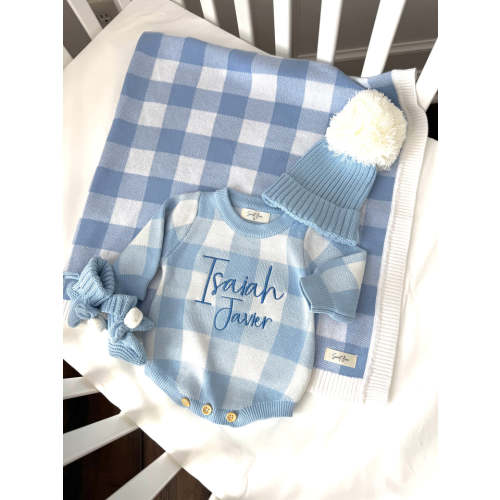 Gingham Print Personalized Romper - Blue – Sweet June