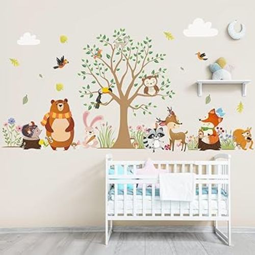 Woodland Animals Tree Wall Decals Forest Bear Raccoon Fox Deer Owl Wall Stickers Woodland Nursery Decor for Kids Girls Boys Baby Bedroom Living Room Home Decorations Friends Art Gift